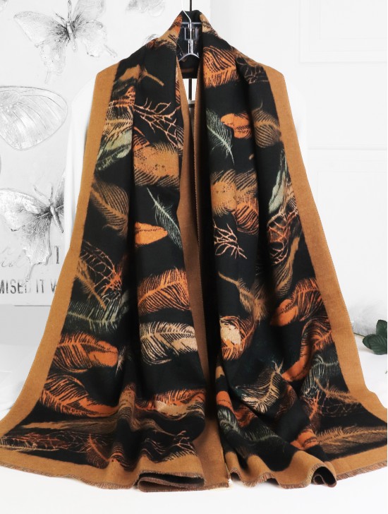 Reversible Cashmere Feeling Feather Print Premium Scarf